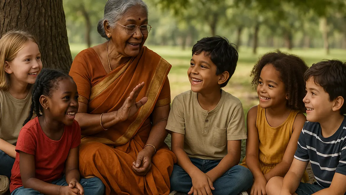 Children of multiple ethnicities listening to stories under a tree from a wise Tamil granny