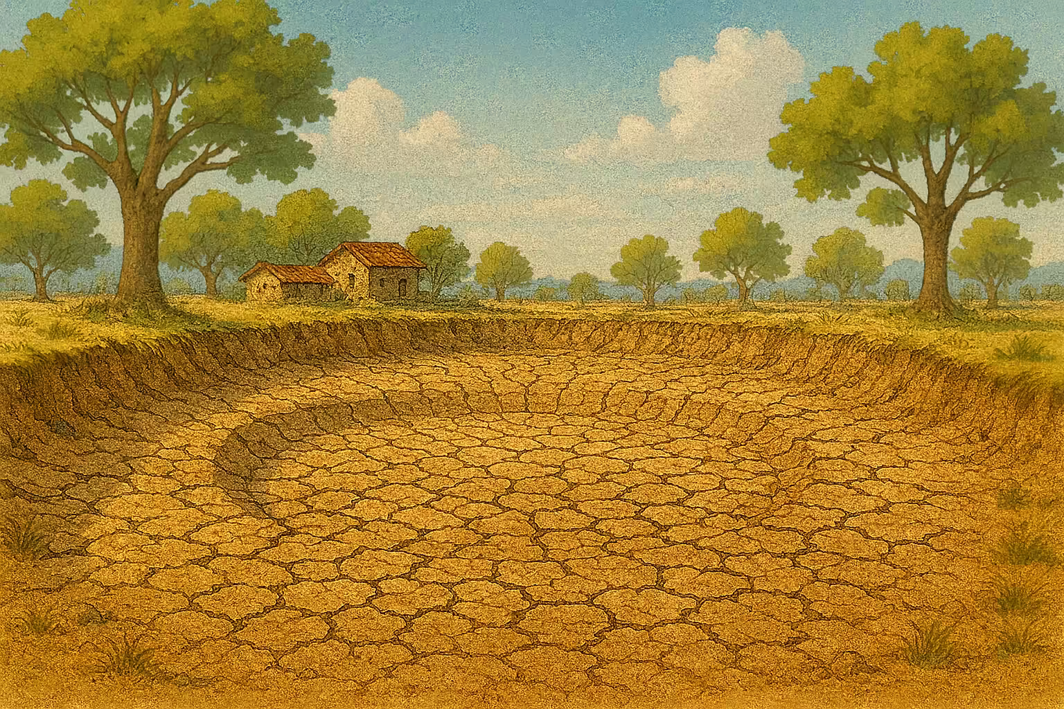 A dry village tank with cracked earth