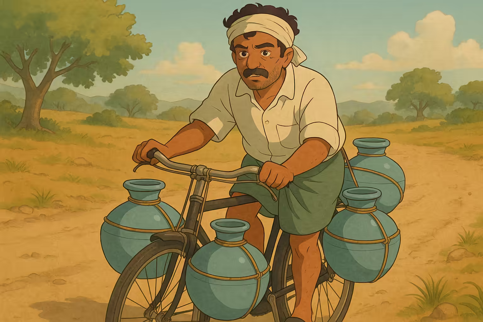 Carrying water in small pots across the field