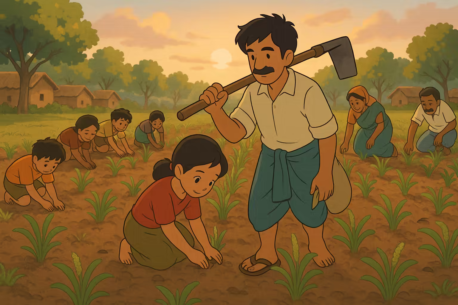 Children and adults in the village join hands to help